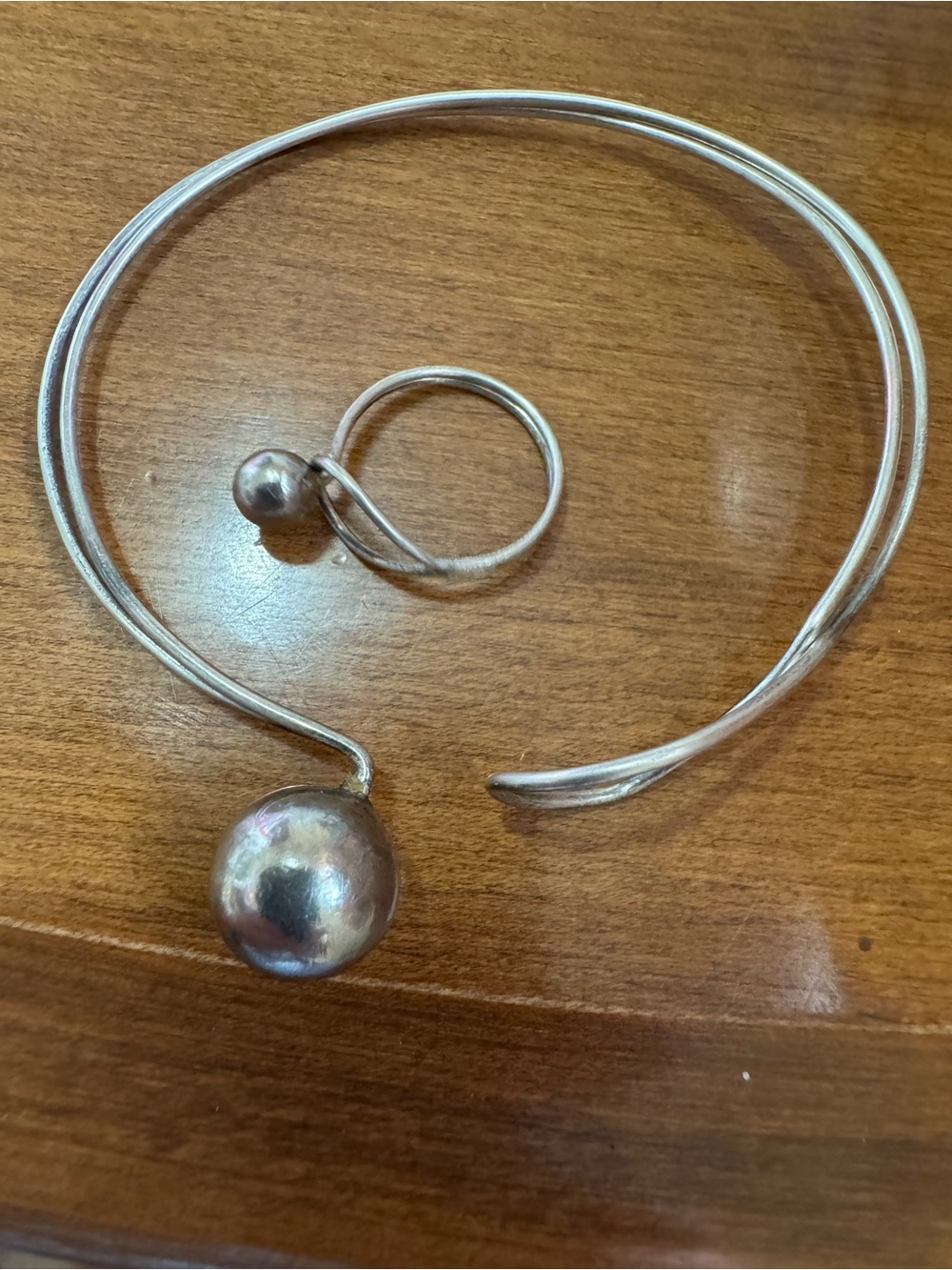 Modern Open-Front Silver Torque Necklace with Matching Ring - Silver